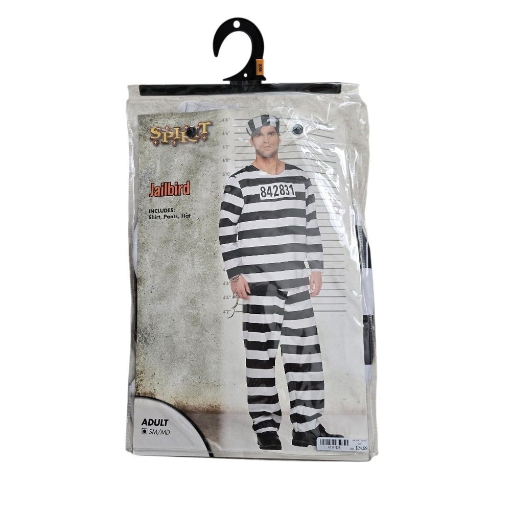 SpirIt Jailbird Prisoner Costume Adult S/M Black White Striped Shirt Pants Hat
